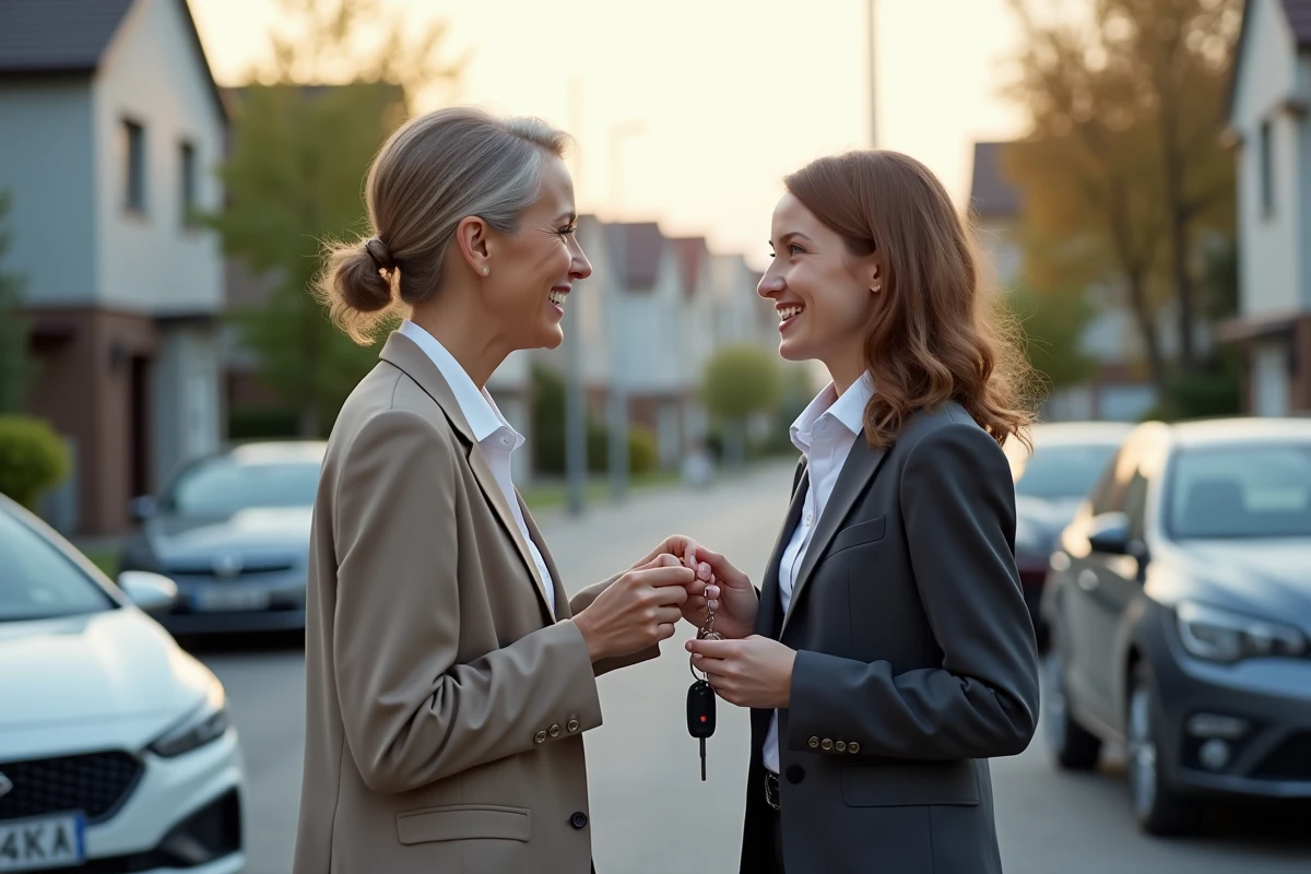 Femme confiante donnant les clés à un adolescent devant une voiture