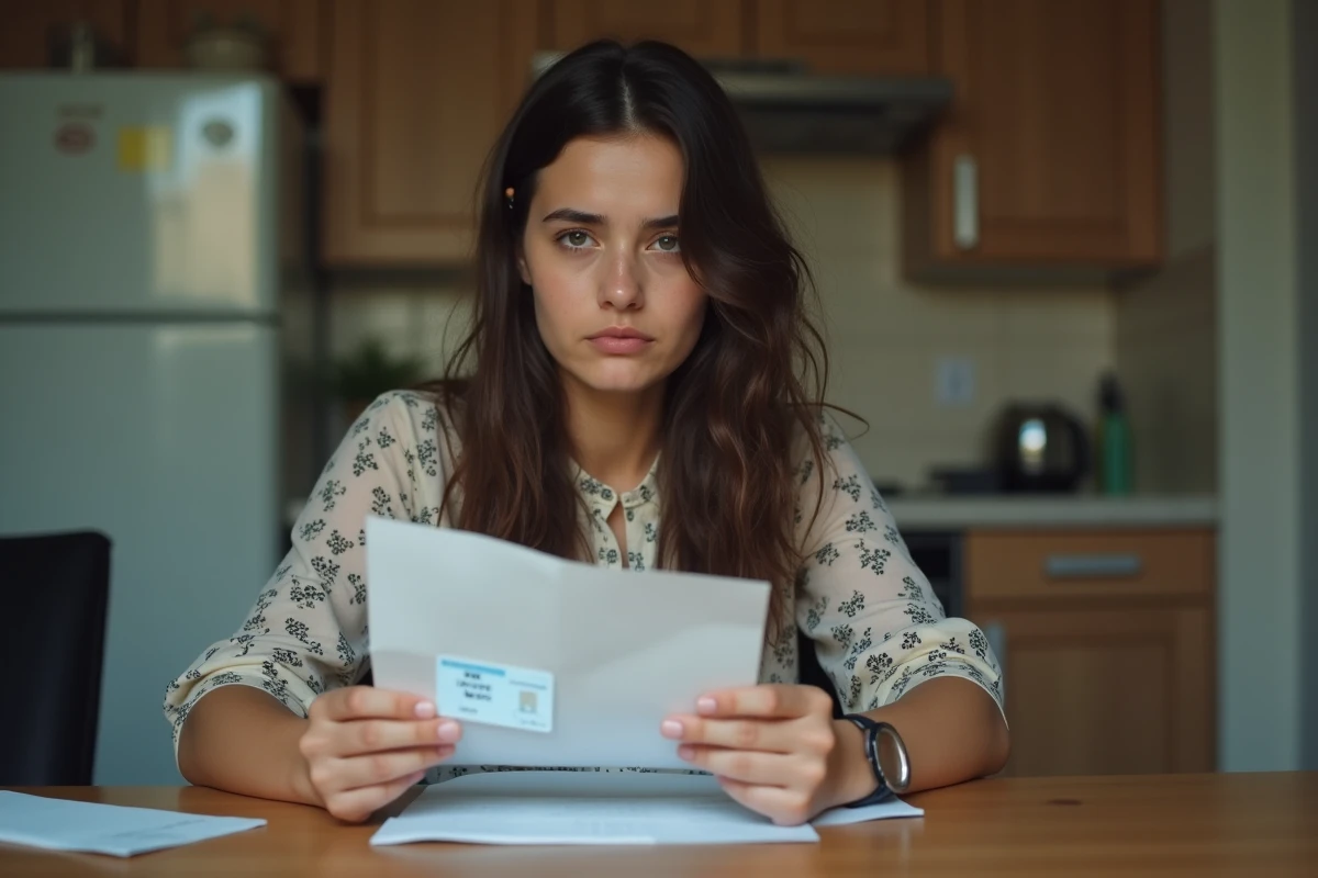 Femme tenant licence et courrier dans sa cuisine