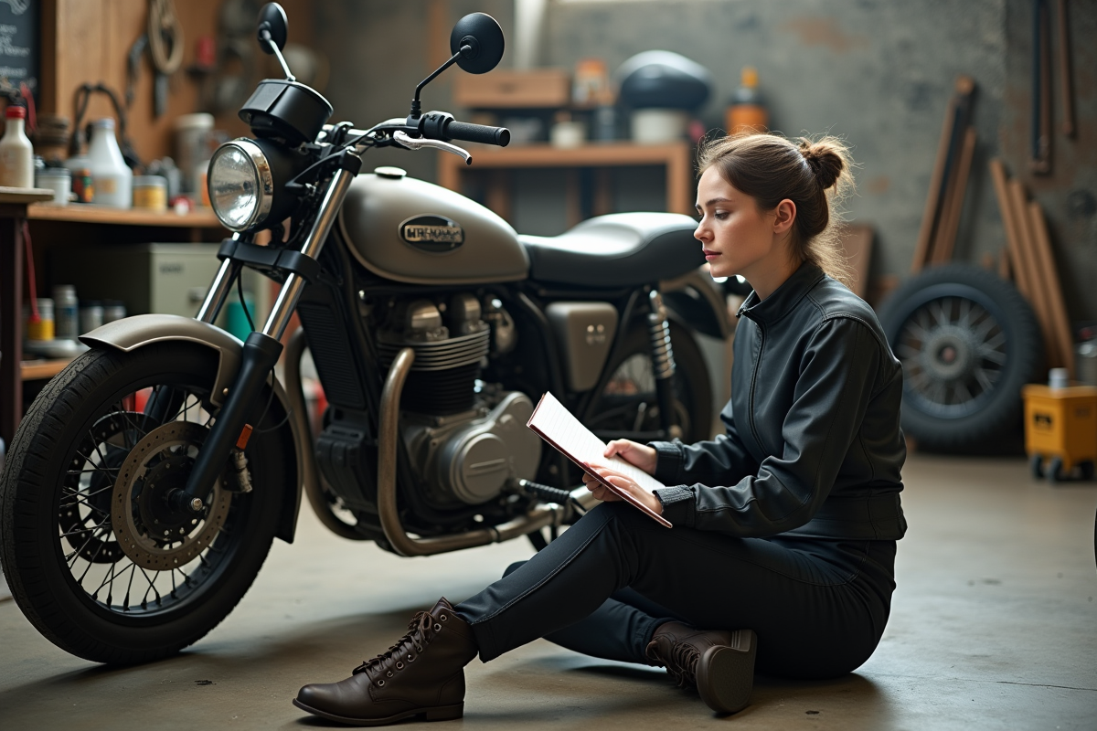 Jeune femme dans un garage mécanique avec une moto ancienne et carnet d
