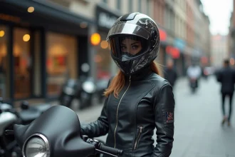 Femme en moto urbaine avec casque personnalisé