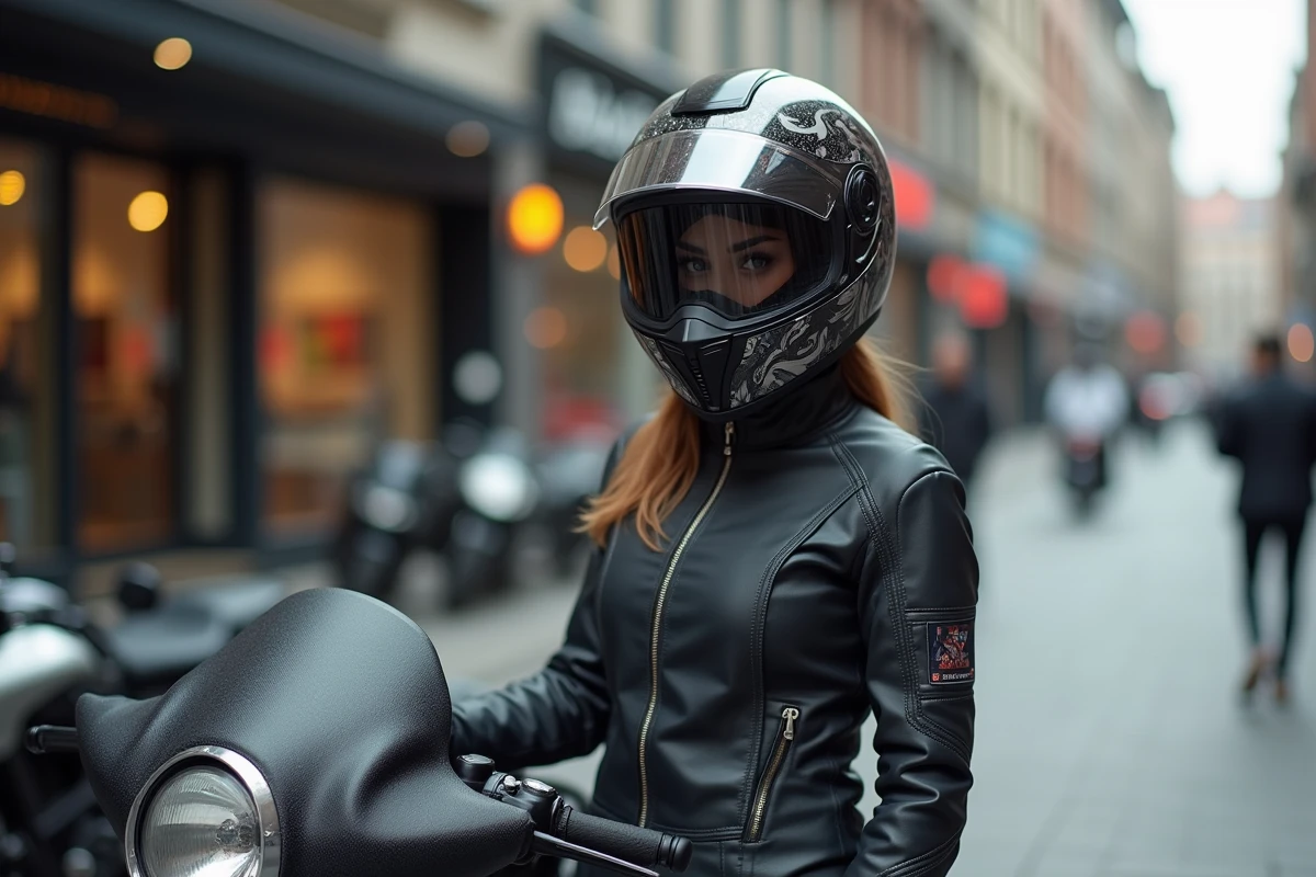 Femme en moto urbaine avec casque personnalisé