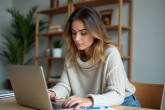 Femme détendue utilisant un ordinateur pour consulter des avis auto