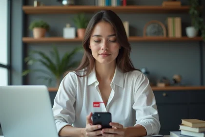 Jeune femme au bureau avec licence digitale sur smartphone