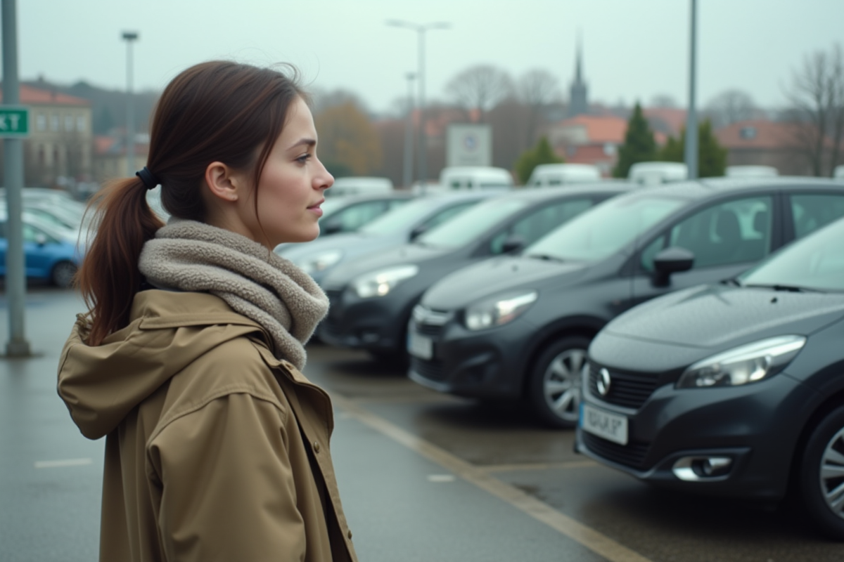 Jeune femme observant des voitures dans un parking
