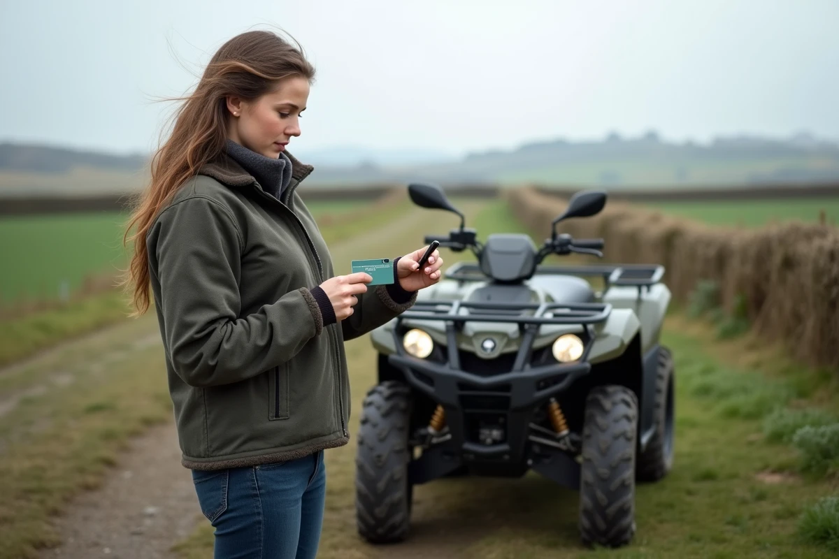 Femme tenant un permis de conduire à côté d'un quad garé dans un paysage rural français