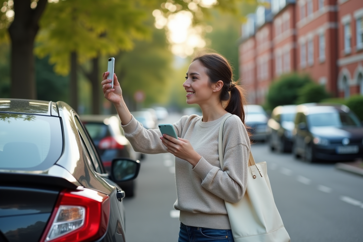 Femme prenant en photo le compteur de sa voiture