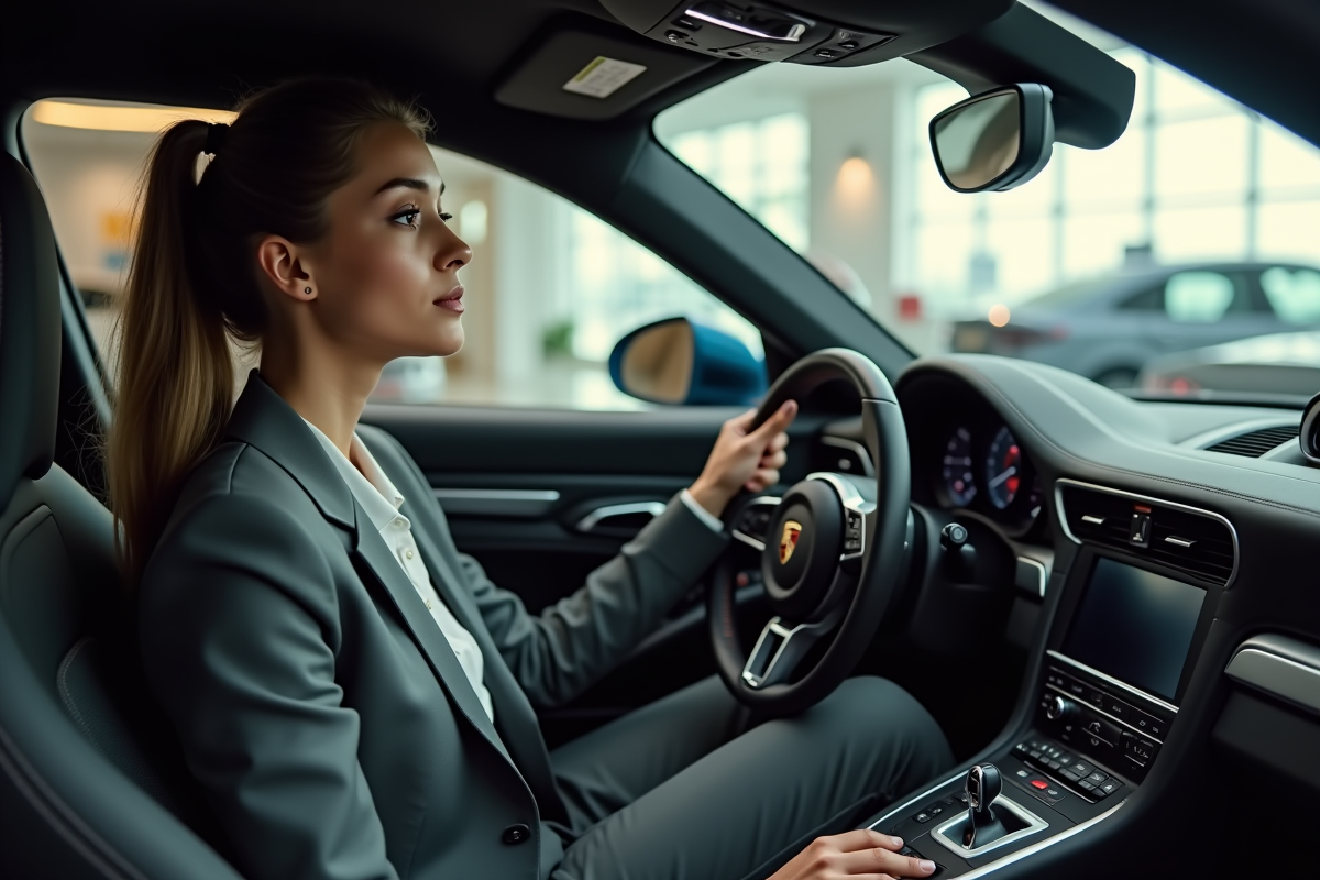 Jeune femme dans une Porsche 911 en concession