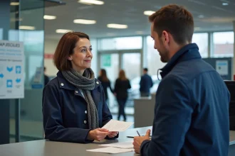 Femme d'âge moyen remettant des papiers à un agent à la préfecture