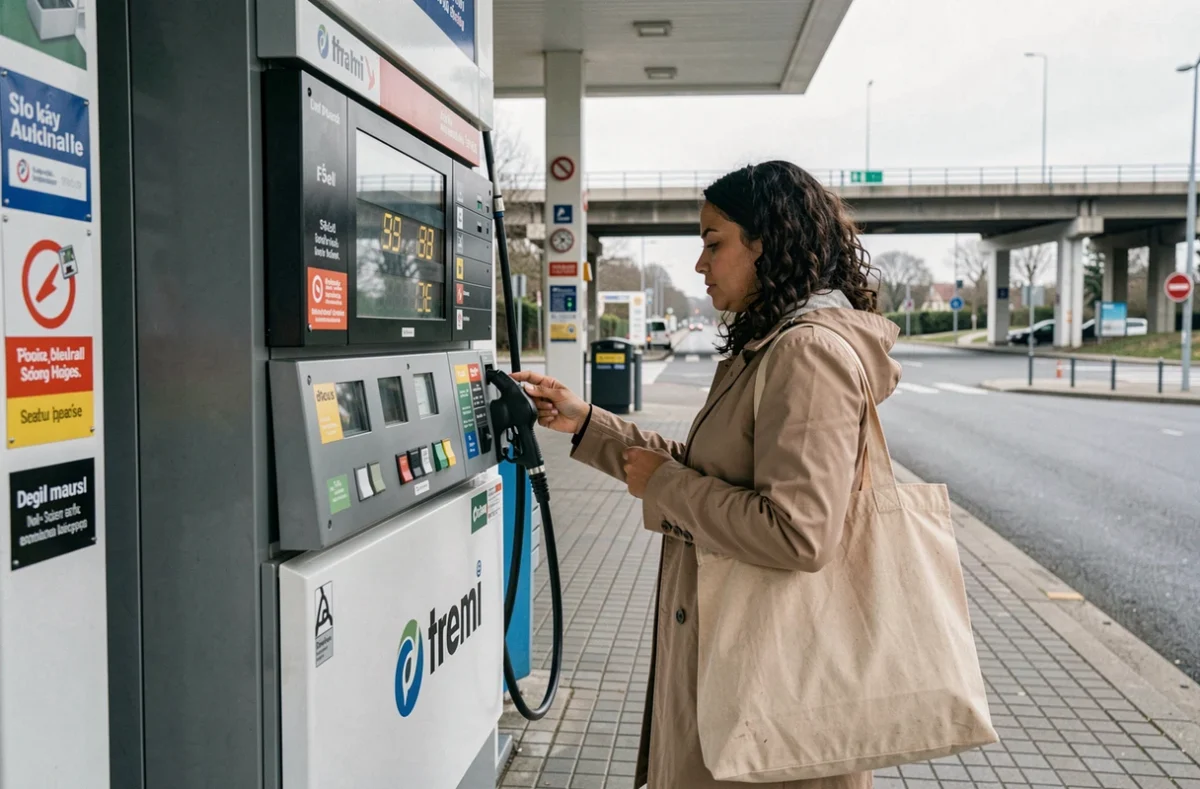 Femme consultant l'affichage des prix du gasoil à une pompe libre-service en banlieue parisienne