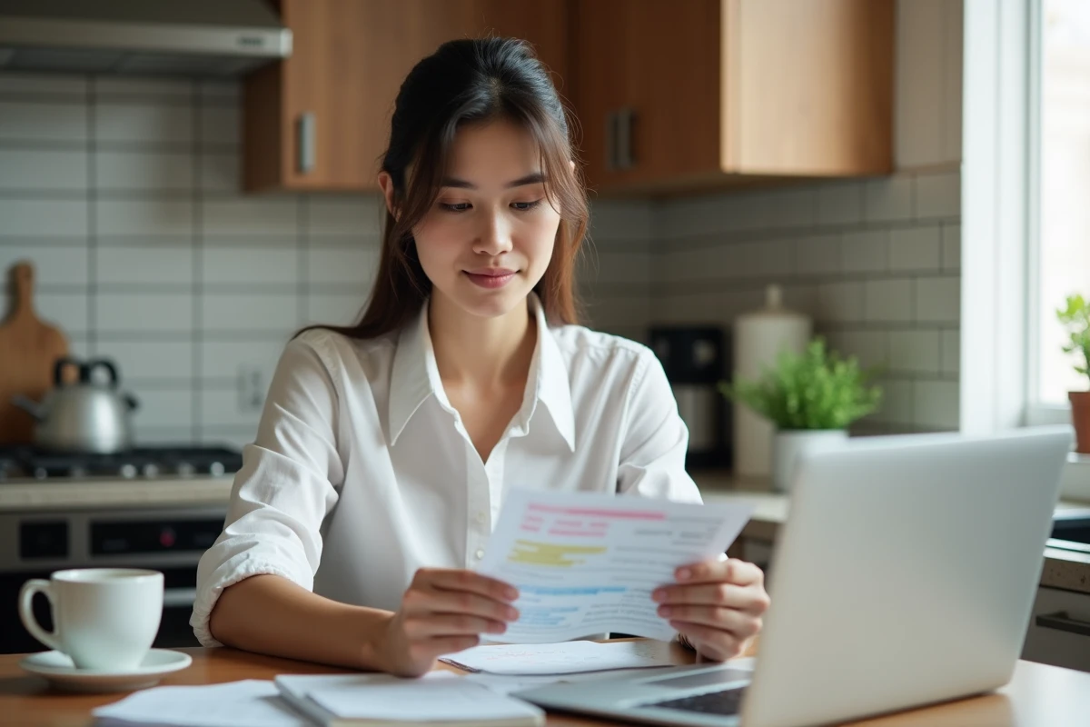 Jeune femme regardant ses reçus de carburant à la maison