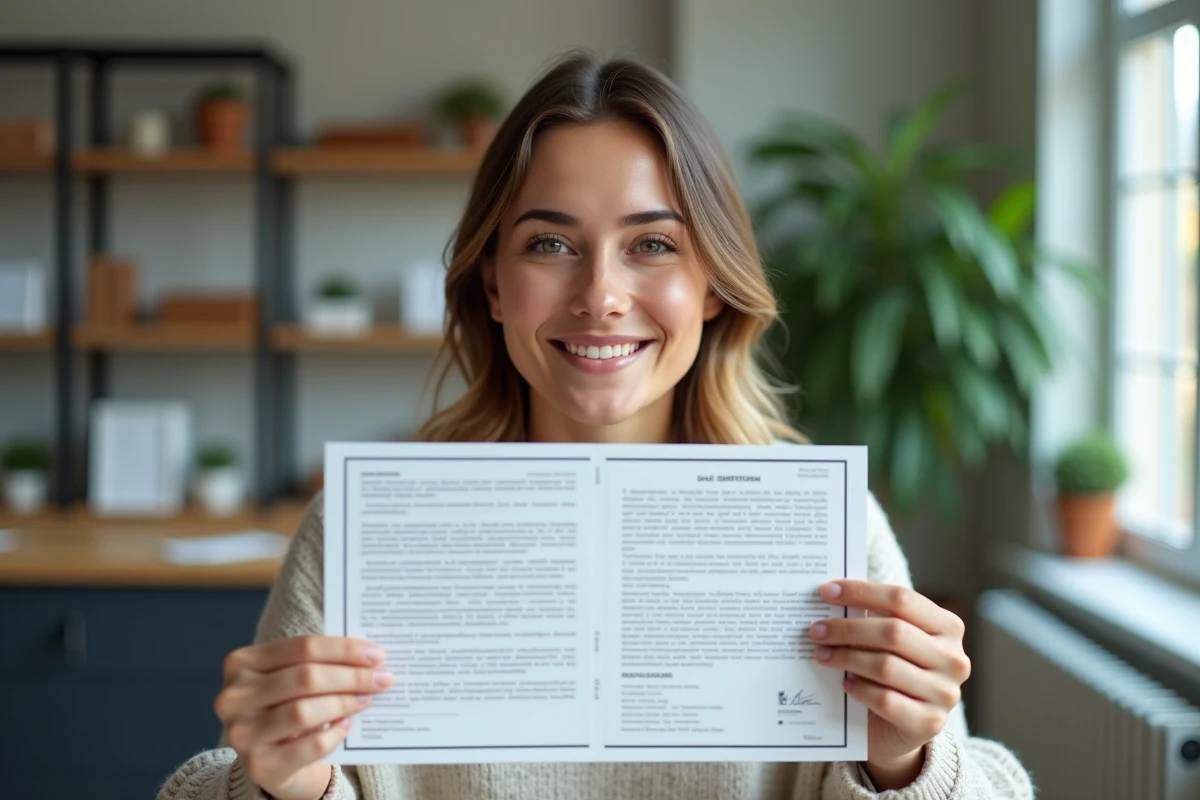 Jeune femme souriante tenant une carte grise et certificat de vente