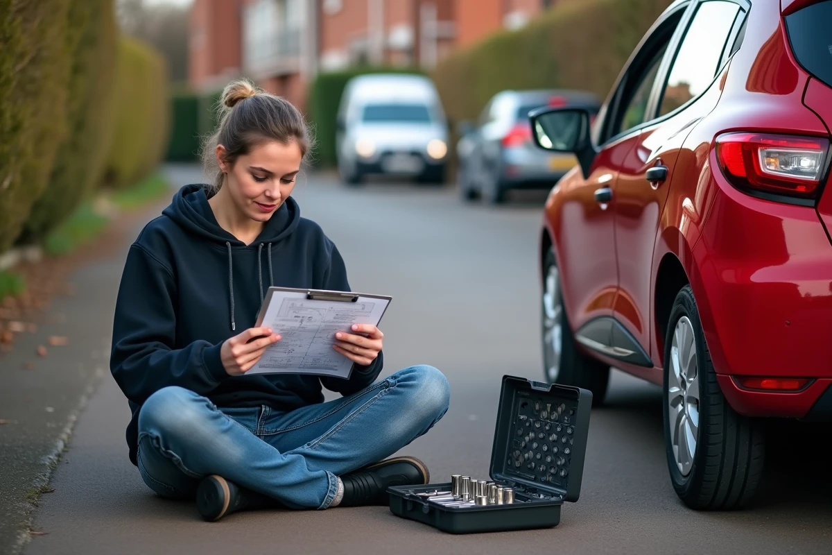 Femme consultant un schéma de câblage pour désactiver l'anti-démarrage de sa Renault Clio 2 dans une allée