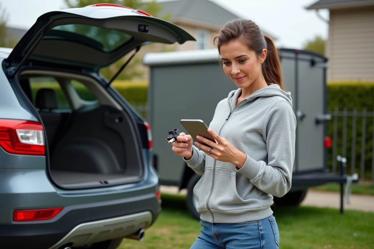 Femme comparant un schéma de prise remorque sur smartphone avec le connecteur de son SUV dans une allée résidentielle