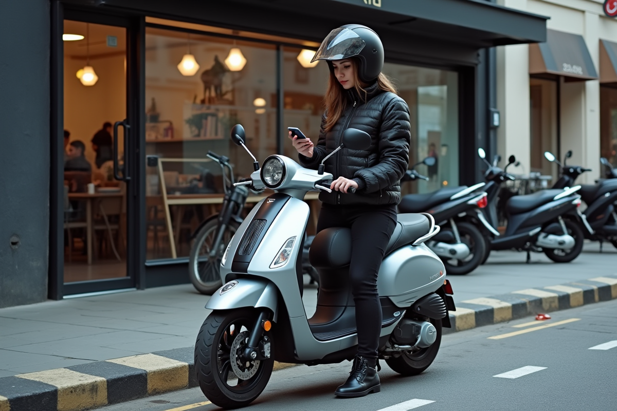 Jeune femme vérifiant son téléphone à côté de son scooter