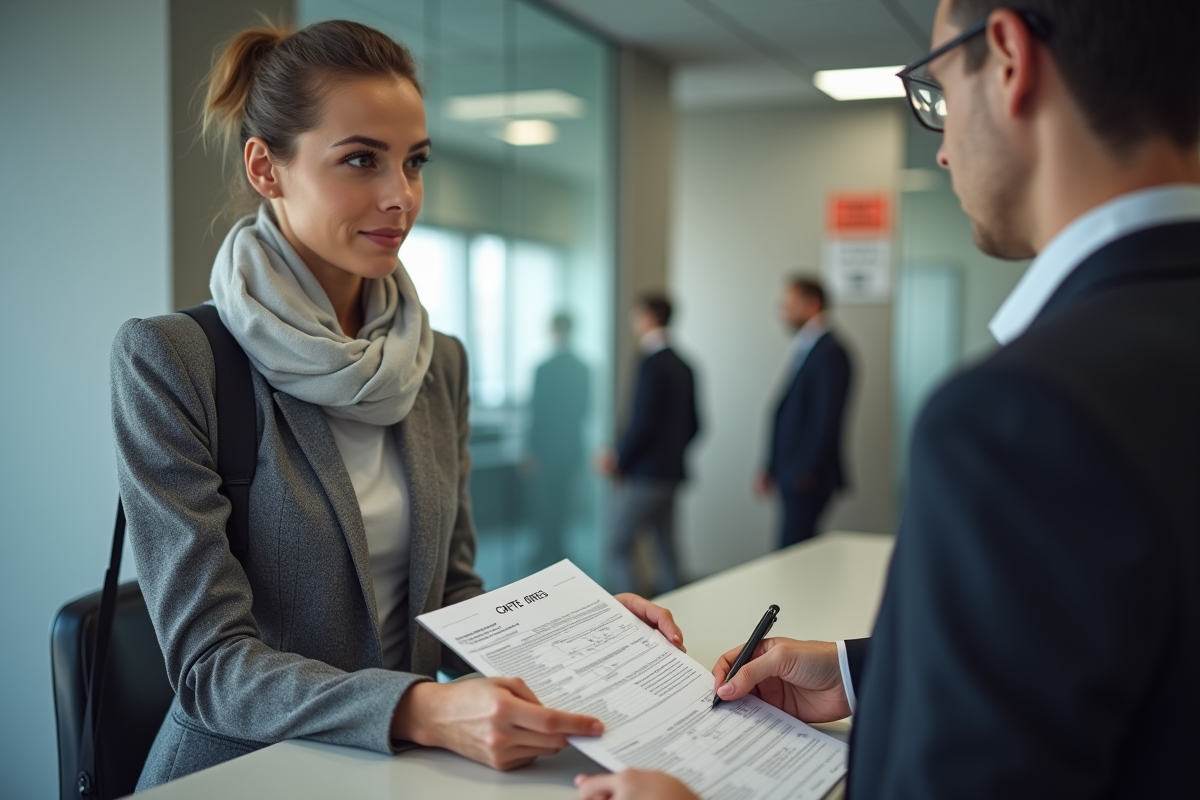 Jeune femme remettant documents à un agent administratif