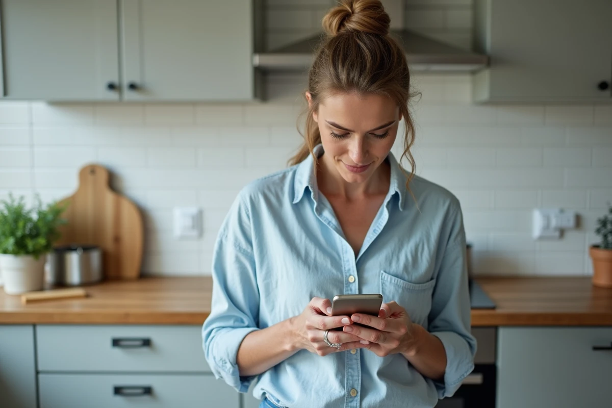 Femme consultant son smartphone pour vérifier la visibilité d'une annonce payante sur une application de petites annonces