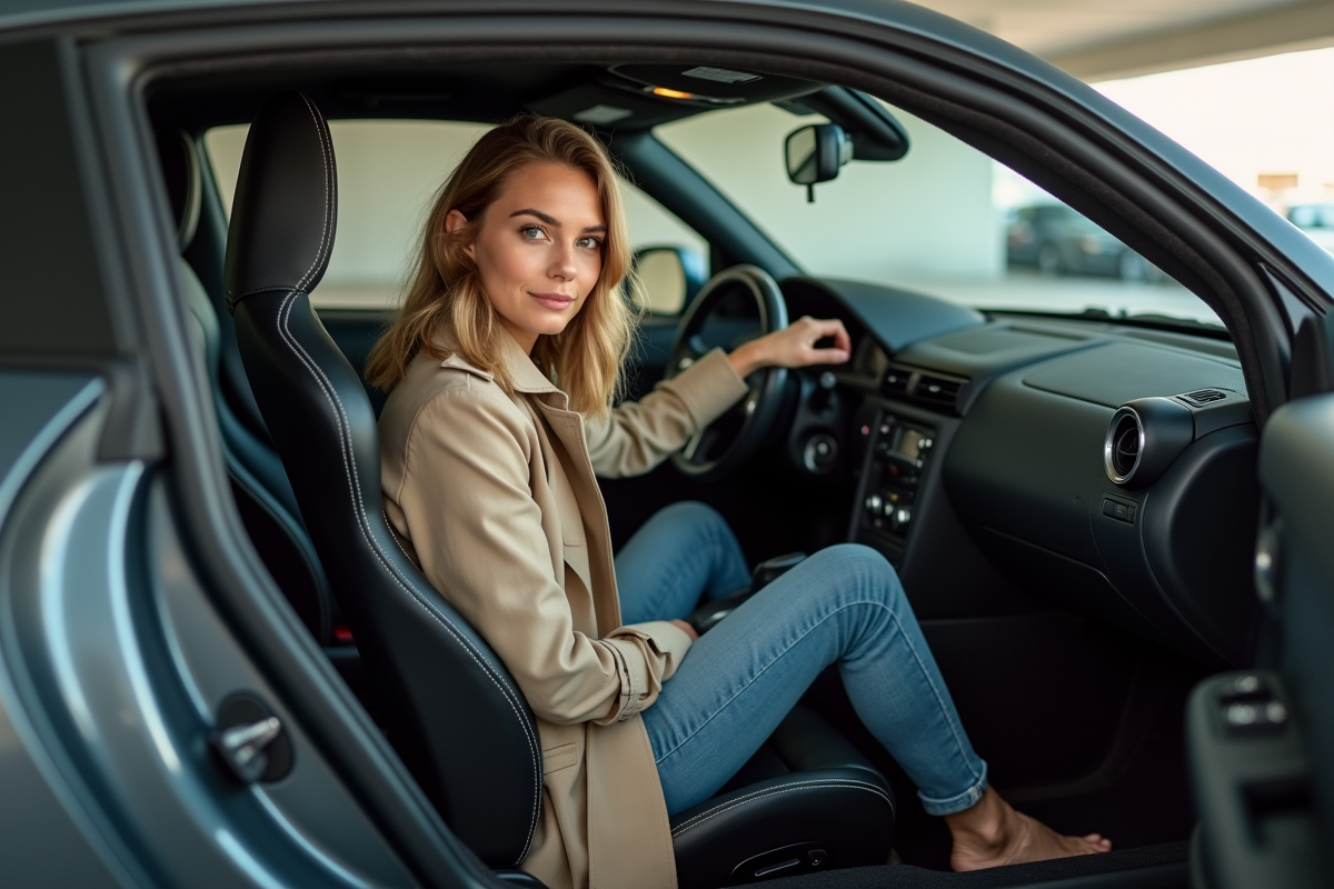 Jeune femme dans une voiture sportive en parking urbain