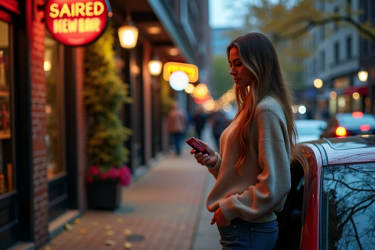 Femme vérifiant un alcootest devant sa voiture en ville