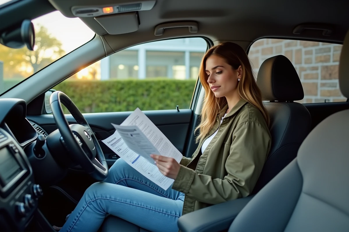 Femme vérifiant un carnet de maintenance dans un SUV extérieur