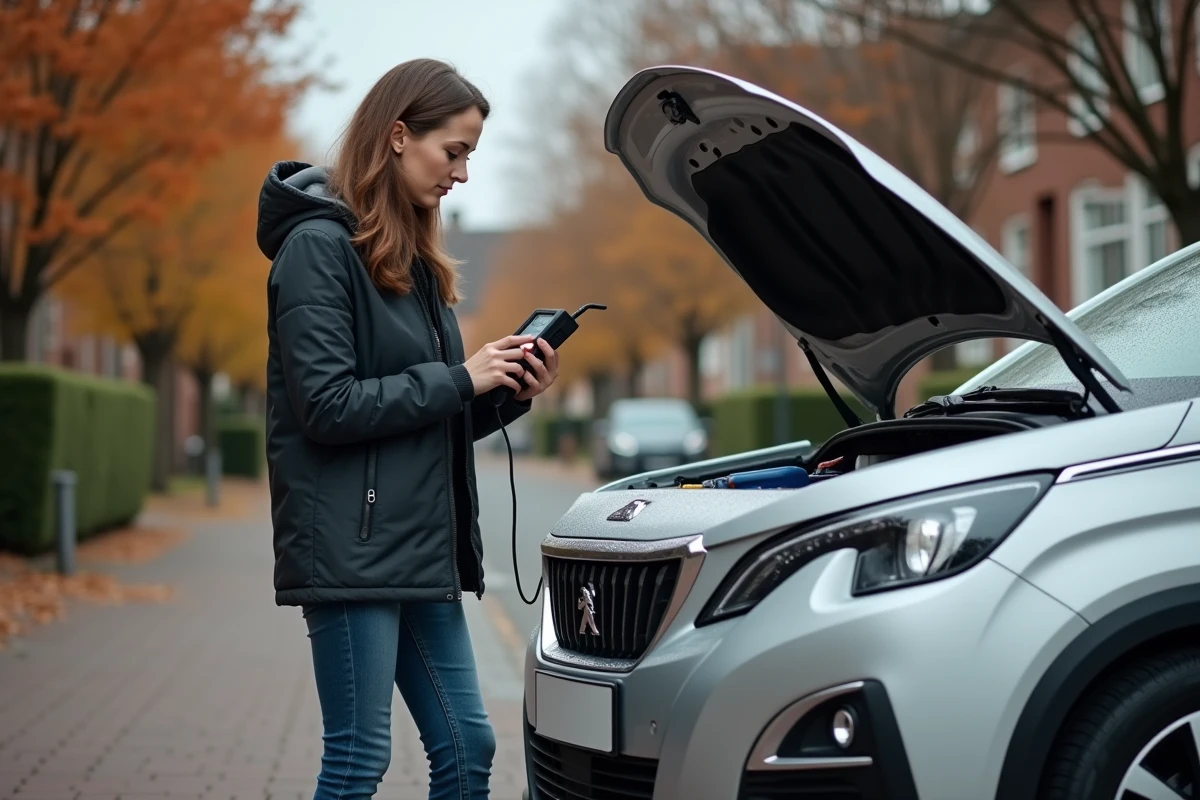 Femme testant la batterie de sa Peugeot dans une rue résidentielle en automne