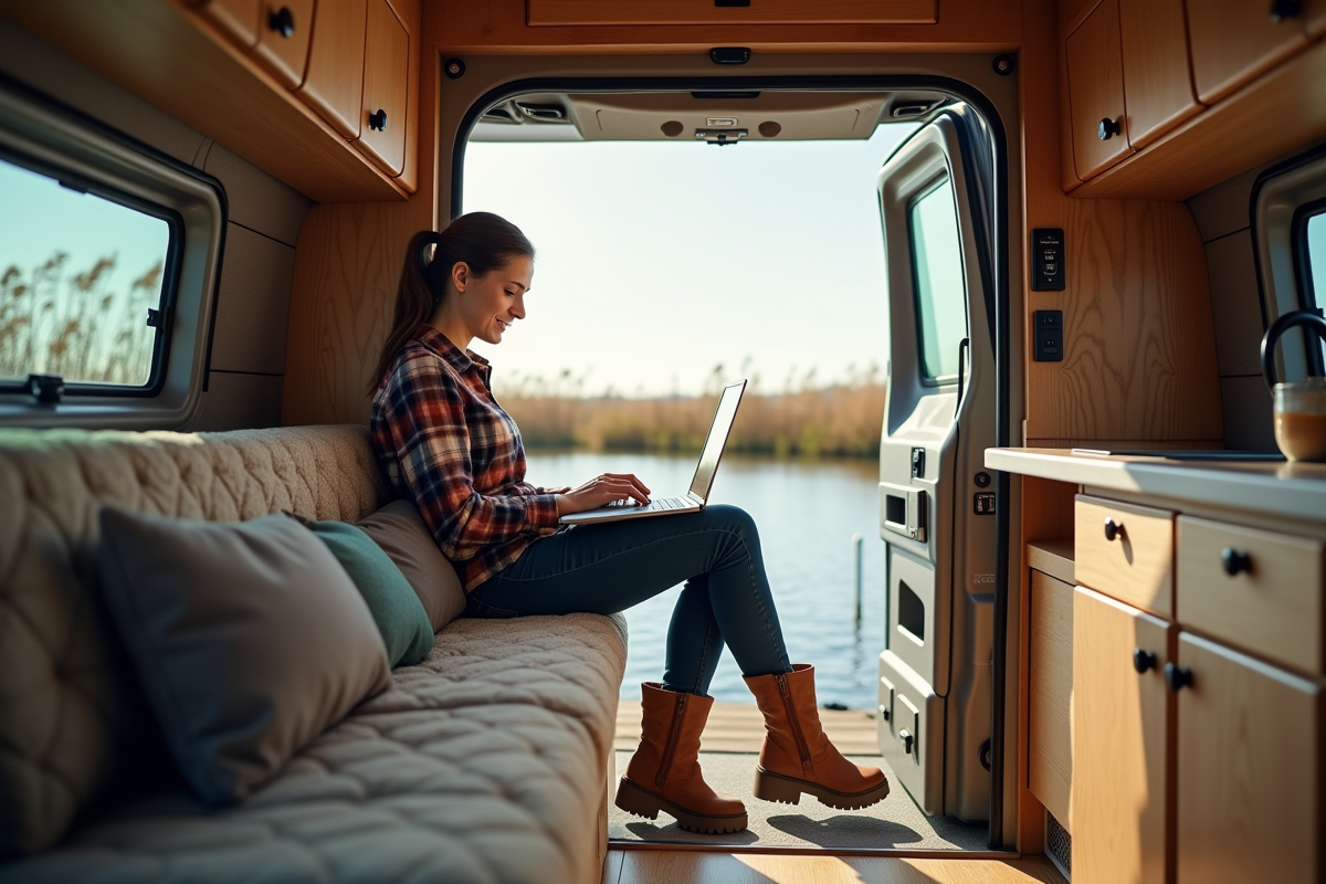 Femme travaillant dans van au bord du lac