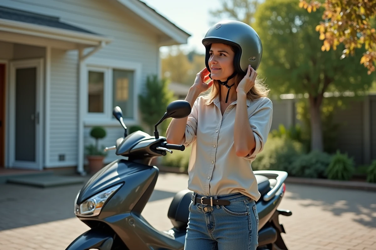 Femme ajustant son casque près d un scooter dans une cour