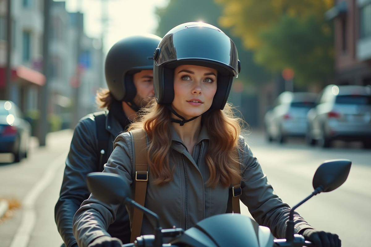 Jeune femme ajustant son casque en ville