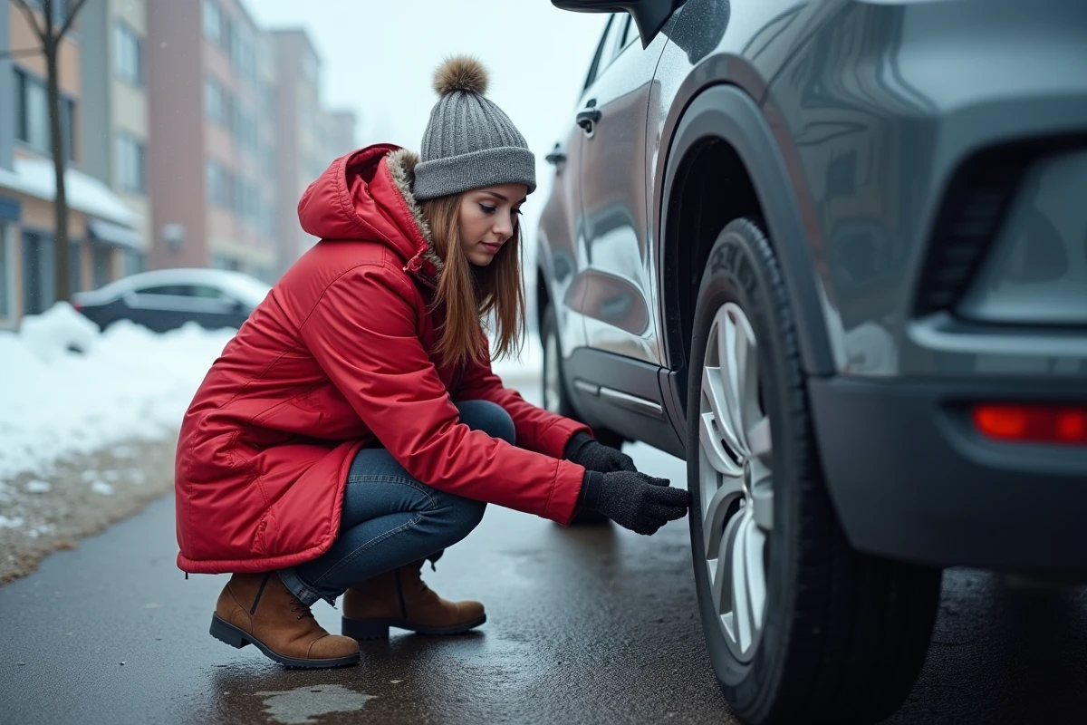 Femme inspectant la voiture dans un parking enneige
