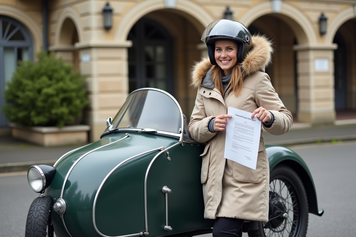 Jeune femme fière avec sidecar vintage devant bâtiment officiel