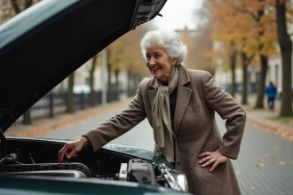 Femme âgée inspectant une voiture ancienne en extérieur