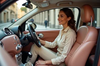 Femme élégante dans une Fiat 500 rose or assise à l'intérieur