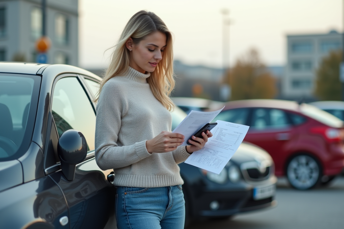 Jeune femme avec facture de réparation et smartphone à côté de sa voiture