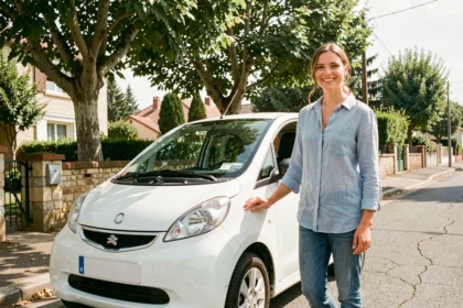 Femme souriante à côté d'une voiture sans permis blanche garée dans une rue résidentielle française