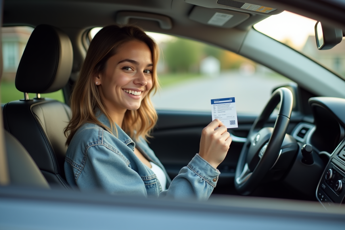 Jeune femme souriante tenant sa carte d