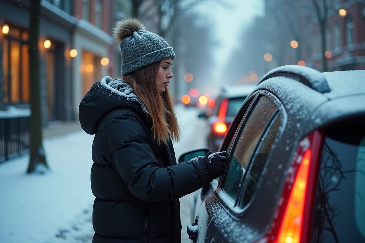 Jeune femme près de sa voiture en ville enneigée