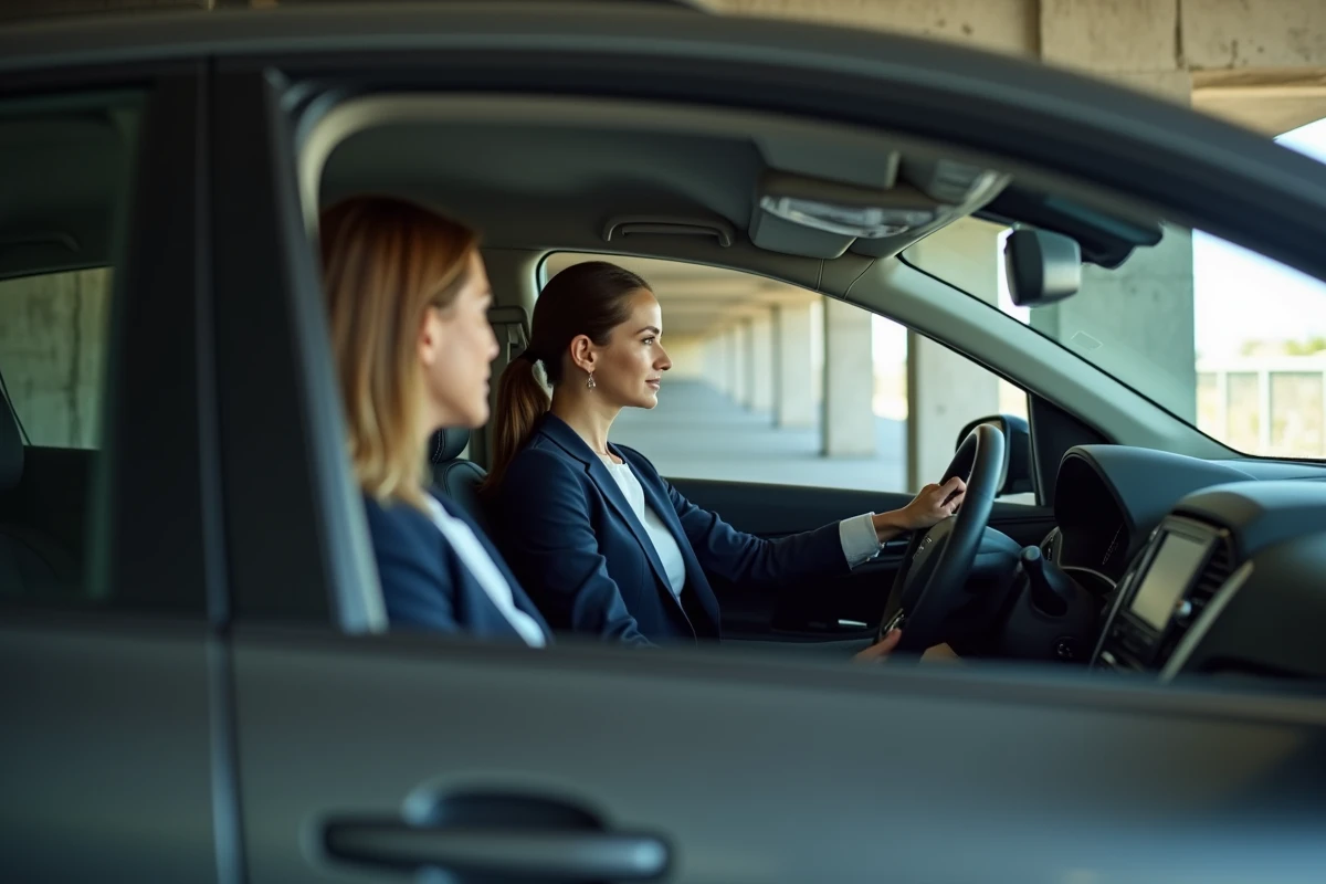 Femme au volant d'un SUV compact en parking urbain, illustrant le financement automobile par crédit ou LOA