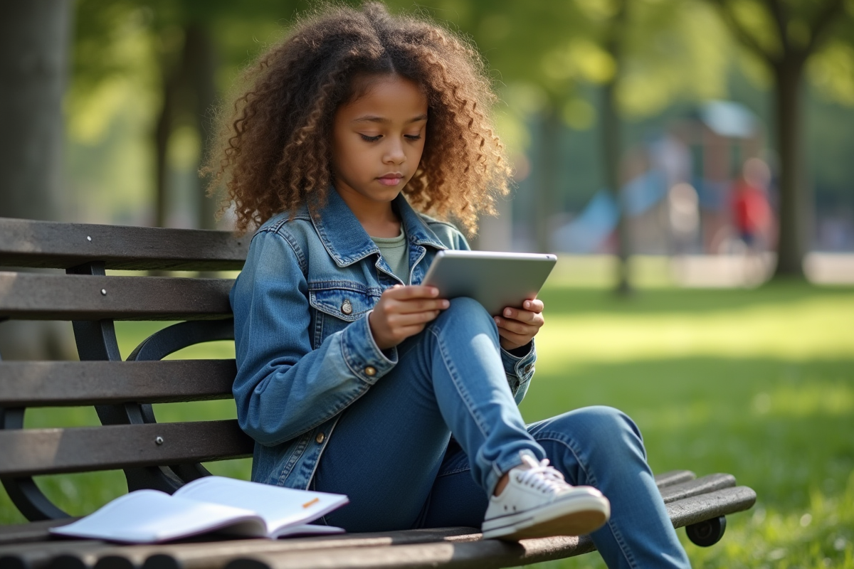 Fille de 14 ans assise dans un parc avec une tablette et un carnet