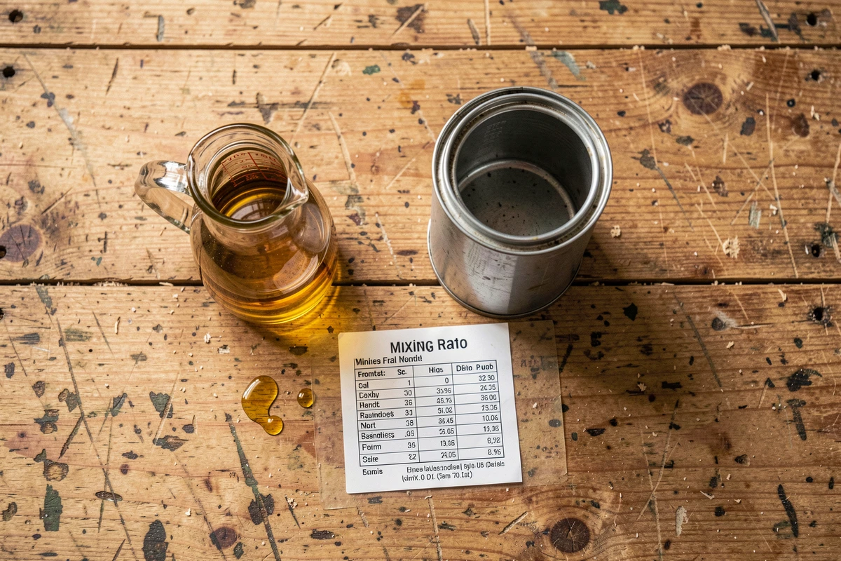 Vue de dessus d'un bidon d'essence ouvert, d'un verre doseur avec huile et d'une fiche de ratio de mélange sur un établi en bois