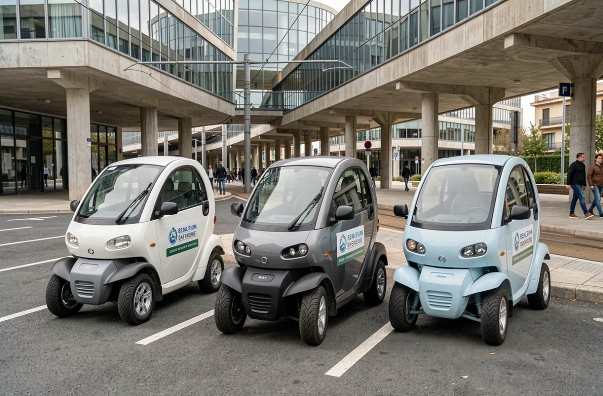 Rangée de voitures sans permis disponibles à la location près d'une station de tramway à Montpellier