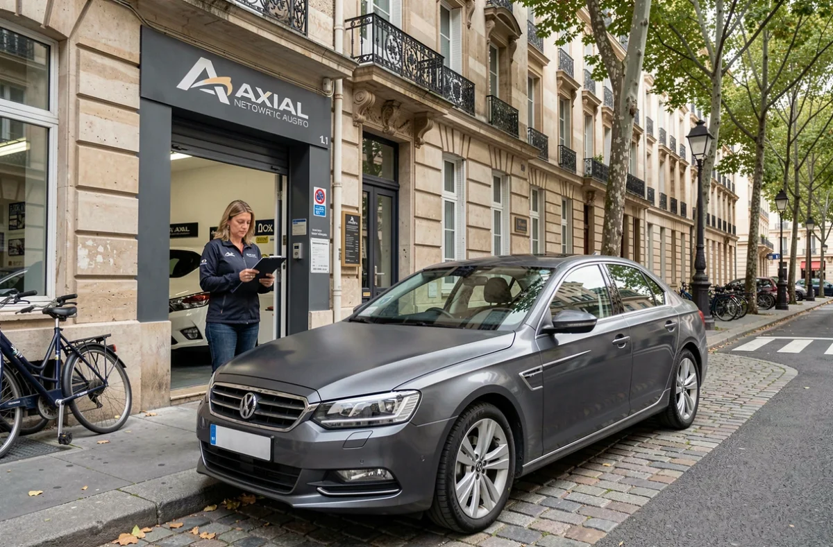 Façade du Garage du Dome réseau Axial avec une responsable et un véhicule réparé à Paris 15e