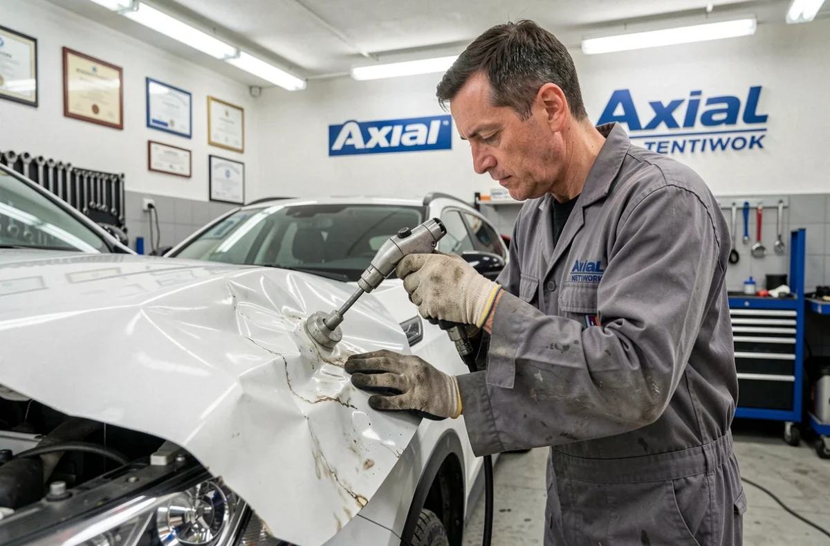 Technicien du Garage Giamson réseau Axial réparant un aile de véhicule à Paris 11e