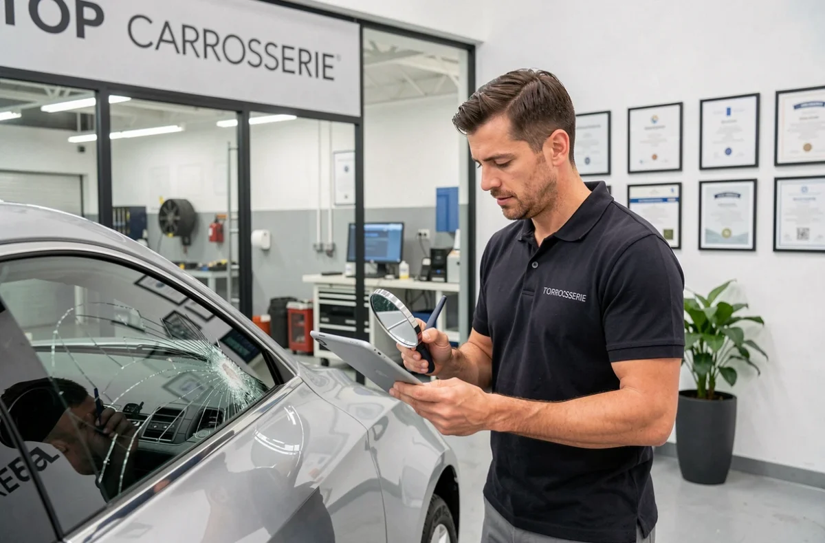 Expert en carrosserie du Garage Paris Motors réseau Top Carrosserie évaluant les dommages d'un véhicule à Paris