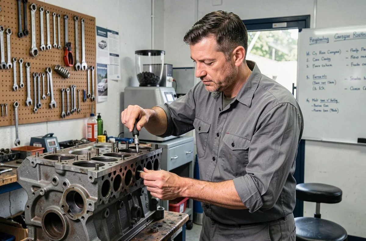 Spécialiste mécanique du Garage Rostaing travaillant sur un bloc moteur à Pouilly-sous-Charlieu