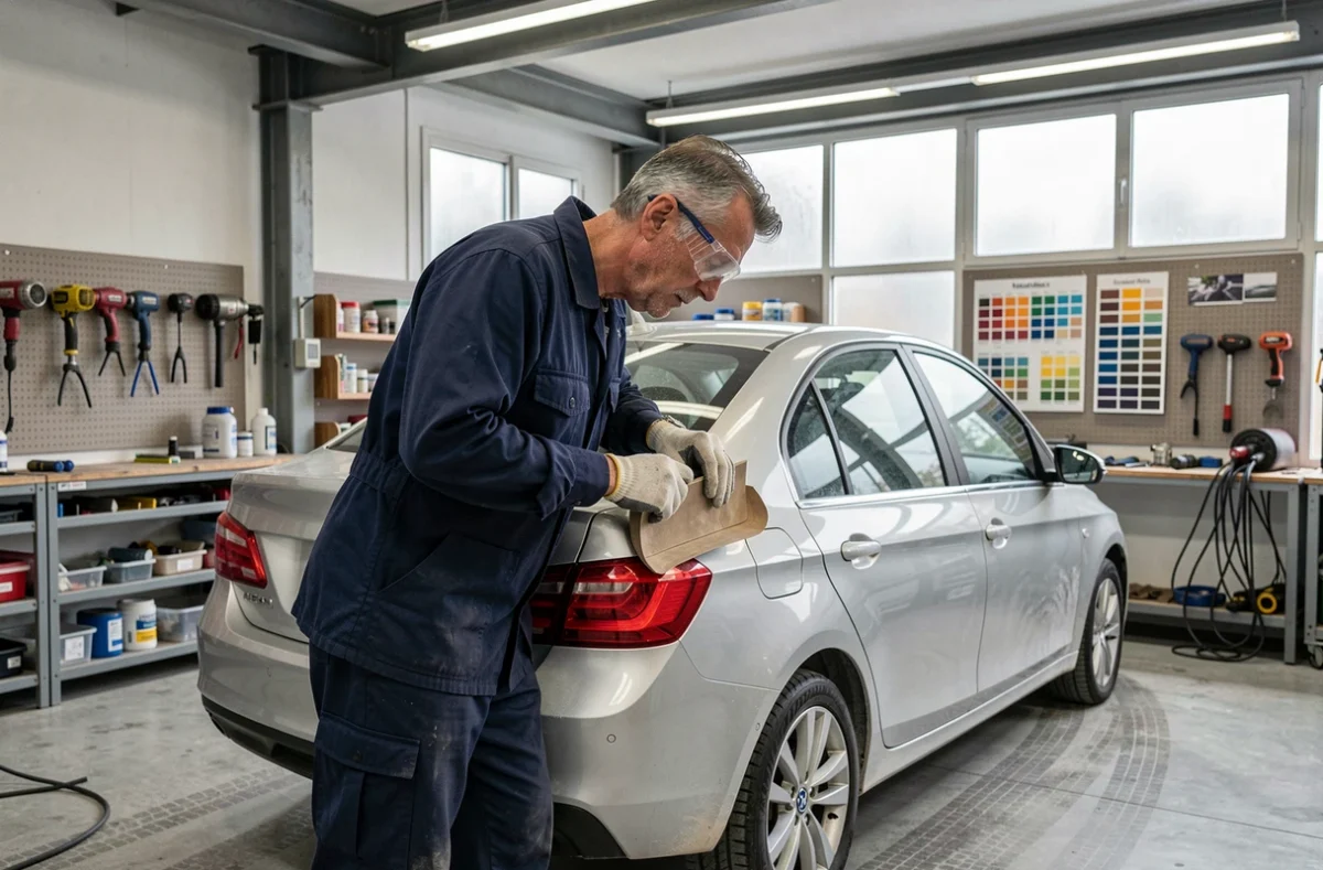 Technicien carrossier du Garage Saint Georges travaillant sur la carrosserie d'un véhicule à Paris 19e