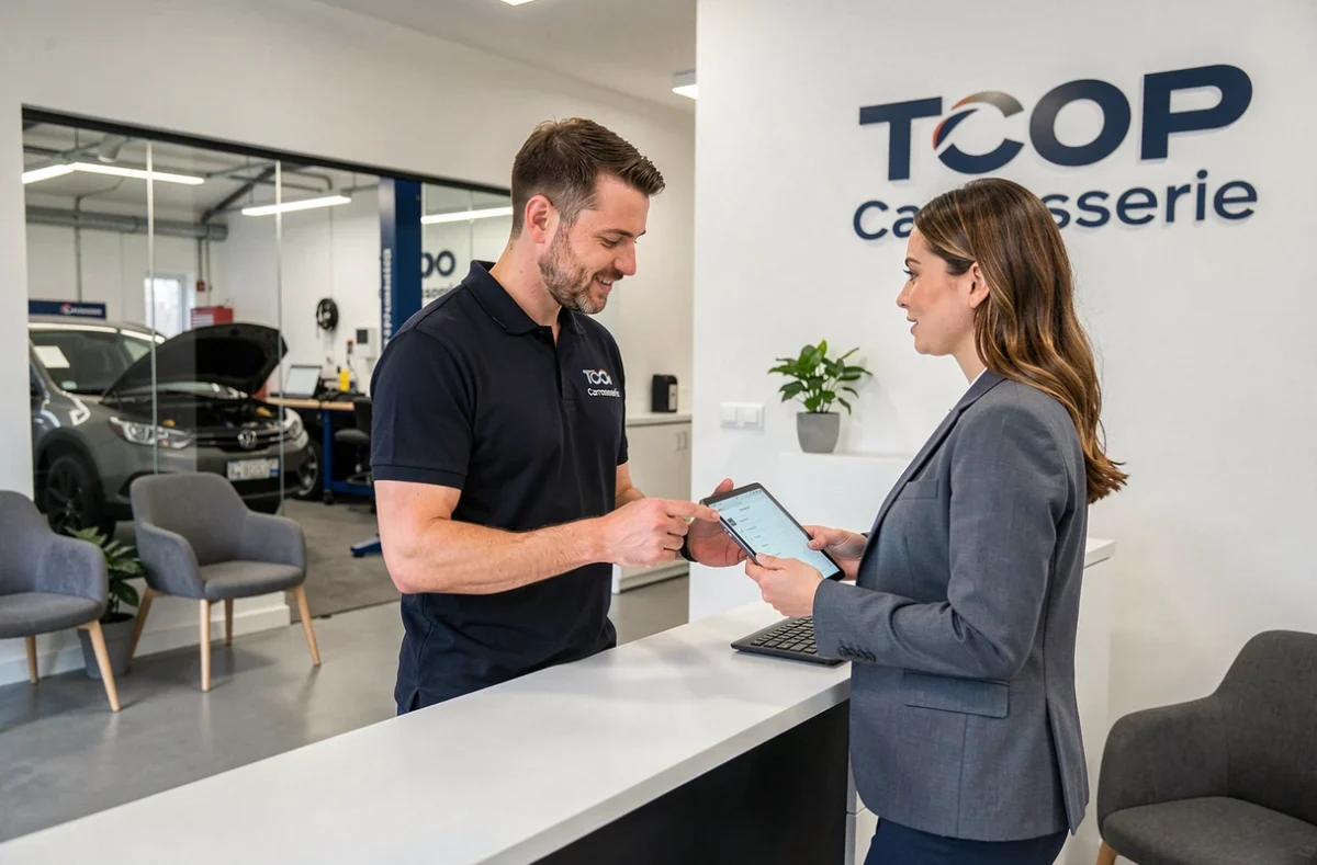 Conseiller du Garage Salva réseau Top Carrosserie accueillant une cliente dans la réception à Paris