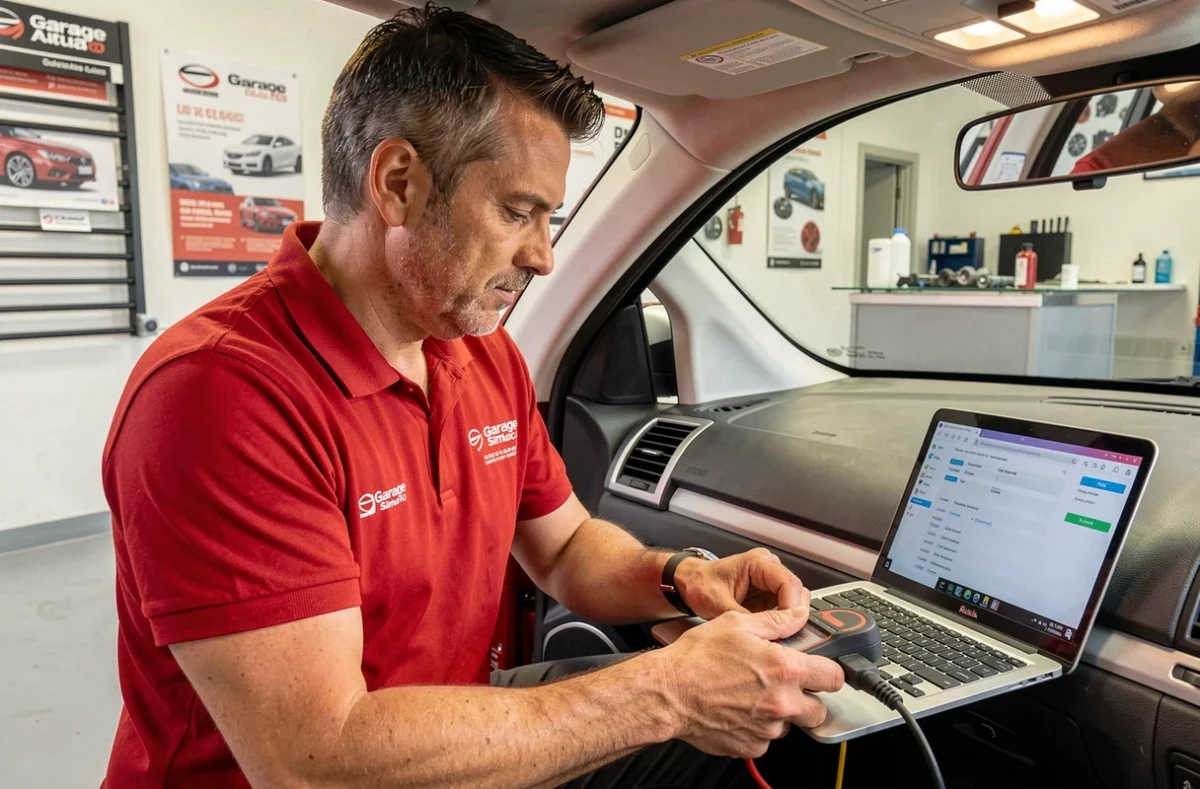 Technicien du Garage Simac Auto effectuant un diagnostic électronique sur un véhicule dans la Loire