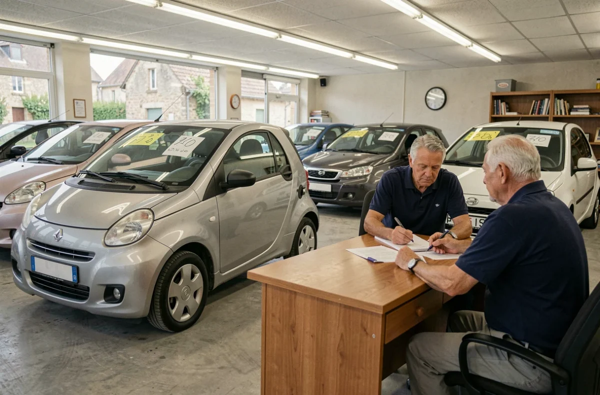Vendeur présentant une voiture sans permis d'occasion à un client dans un garage de la Somme