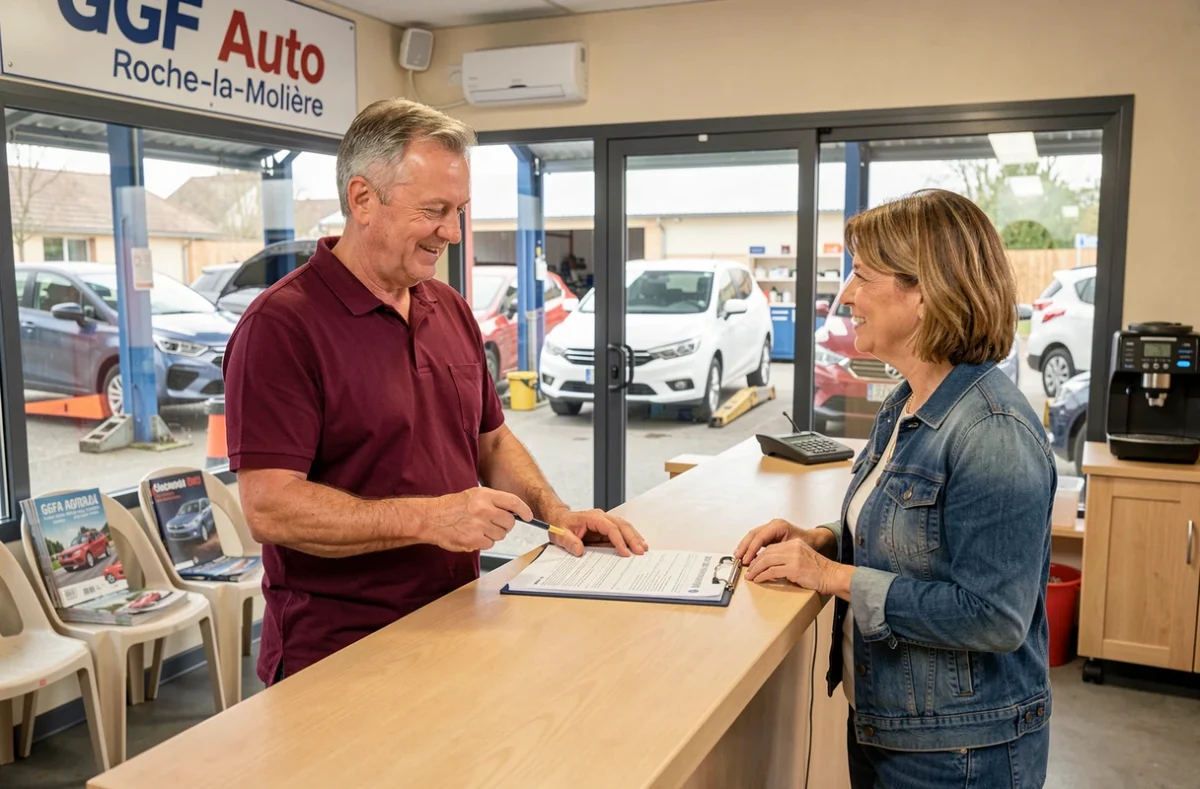 Mécanicien de GGF Auto accueillant une cliente à la réception du garage généraliste à Roche-la-Molière