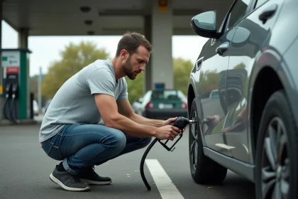 Homme gonflant un pneu de voiture à une station-service avec une borne à air comprimé gratuite