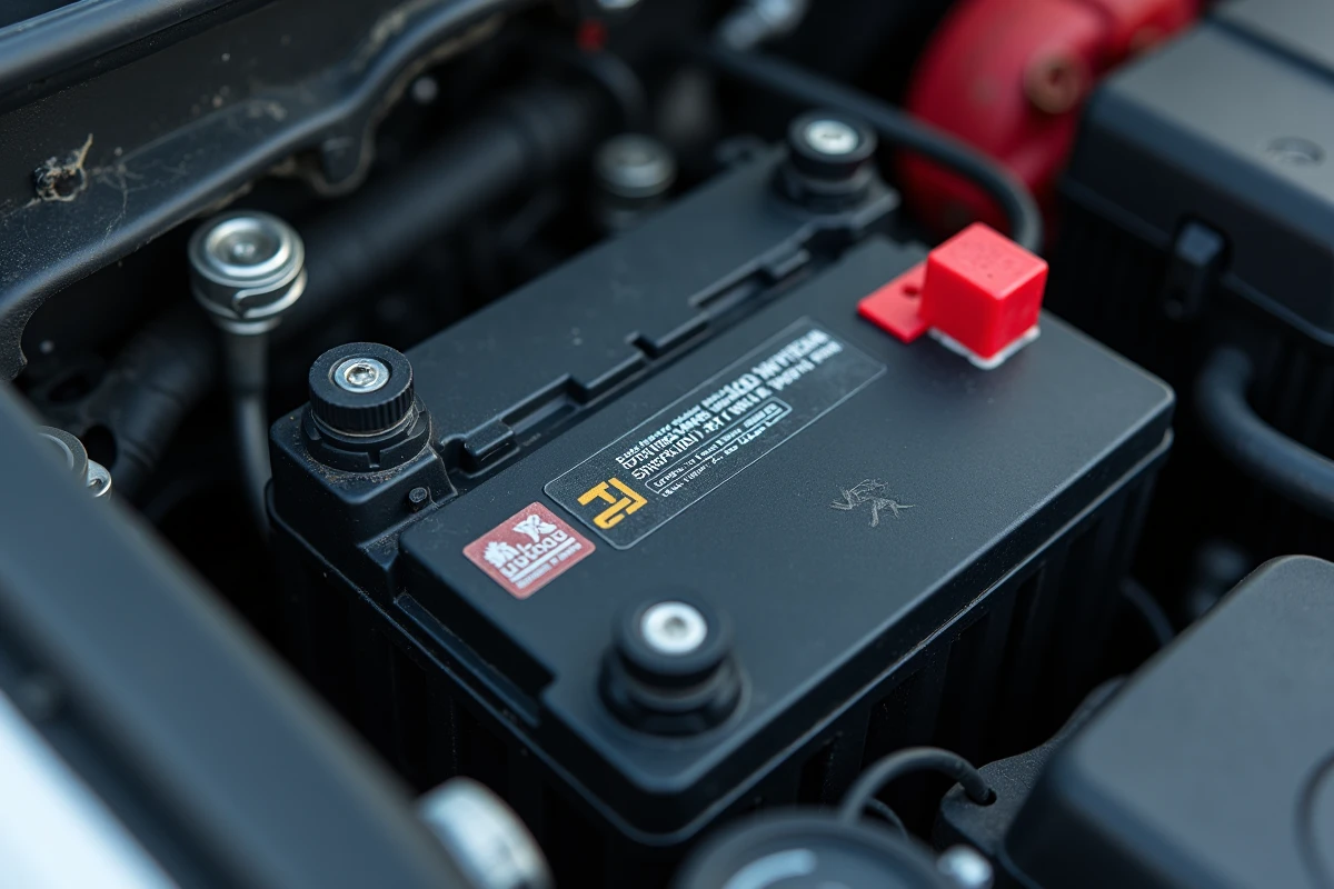 Gros plan d'une batterie renforcée installée dans le compartiment moteur d'une Peugeot